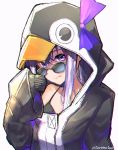  1girl :q absurdres animal_costume animal_hood bra_strap collarbone fate/extra fate/extra_ccc fate/grand_order fate_(series) geroinu hair_ribbon highres hood hood_up huge_filesize long_hair meltryllis oversized_clothes parka penguin_costume purple_eyes purple_hair ribbon simple_background sleeves_past_wrists solo sunglasses tongue tongue_out upper_body white_background 