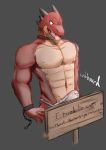  2018 absurd_res anthro bulge clothed clothing cubboard dogshaming dragon english_text erection erection_under_clothing grey_background hi_res horn kemono male multicolored_skin muscular muscular_male open_mouth pink_tongue red_skin scalie shackles sign signature simple_background solo spikes submissive_male tan_skin teeth text tongue tongue_out topless two_tone_skin underwear 