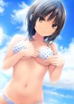  1girl adjusting_clothes adjusting_swimsuit aoyama_sumika bangs bare_arms bare_shoulders bikini black_hair blue_sky blush breasts brown_eyes cloud cloudy_sky coffee-kizoku collarbone commentary_request day dutch_angle eyebrows_visible_through_hair fingernails hair_between_eyes hands_up highres looking_at_viewer medium_breasts navel original outdoors parted_lips polka_dot polka_dot_bikini sky solo swimsuit white_bikini 