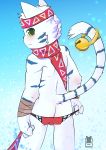  2017 absurd_res accessory anthro arm_wraps bell bellz_(character) black_nose blue_background blue_fur bulge butt claws clothed clothing cubboard felid frown fur fur_markings green_eyes headband hi_res kemono looking_at_viewer looking_back male mammal markings multicolored_fur pantherine rear_view scarf simple_background solo stripes tiger topless two_tone_fur underwear underwear_pull undressing watermark white_fur wraps 