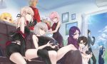  4boys 5girls archer artoria_pendragon_(all) bangs black_dress black_hair black_legwear blonde_hair blue_eyes blue_hair bow bowtie breasts brown_eyes cigar controller creature dress fate/extra fate/extra_ccc fate/grand_order fate/stay_night fate_(series) fou_(fate/grand_order) fujimaru_ritsuka_(male) game_controller glasses hair_over_one_eye hans_christian_andersen_(fate) highres jeanne_d&#039;arc_(alter)_(fate) jeanne_d&#039;arc_(fate)_(all) large_breasts long_hair long_sleeves lord_el-melloi_ii low-tied_long_hair mash_kyrielight minamoto_no_raikou_(fate/grand_order) multiple_boys multiple_girls necktie older open_mouth pantyhose parted_bangs paul_bunyan_(fate/grand_order) playing_games purple_eyes purple_hair saber_alter short_hair silver_hair skyde_kei tsurime very_long_hair waver_velvet white_hair wicked_dragon_witch_ver._shinjuku_1999 yellow_eyes 