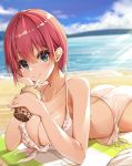  1girl bare_arms bare_shoulders beach beach_mat bikini blue_eyes blue_sky blurry blurry_background breasts bubble_tea cleavage closed_mouth cloud collarbone commentary_request cup day depth_of_field disposable_cup drinking_straw frilled_bikini frills front-tie_bikini front-tie_top go-toubun_no_hanayome hair_between_eyes halter_top halterneck highres holding holding_cup kurokuro_illust large_breasts light_rays looking_at_viewer lying nakano_ichika ocean on_stomach outdoors pink_hair short_hair sidelocks sky smile solo sunbeam sunlight swimsuit water white_bikini 