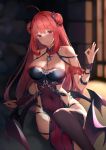  1girl ahoge arm_support bare_shoulders blurry breasts cleavage commentary_request covered_navel demon_wings depth_of_field double_bun dress erze_(king&#039;s_raid) hair_bun hand_up king&#039;s_raid large_breasts long_hair looking_at_viewer pelvic_curtain red_eyes red_hair sitting smile solo suzuame_yatsumi thighhighs very_long_hair wings 