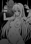  1girl armpits arms_up bdsm big_belly black_background bondage bound breasts chain chained commentary_request dirty empty_eyes fuchitoro goblin goblin_slayer! greyscale highres long_hair medium_breasts monochrome navel nipples nude partial_commentary pregnant priestess_(goblin_slayer!) restrained simple_background solo_focus tears 