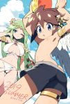  1boy 1girl ass ball bikini breasts brown_hair enotou_(enotou_moi) goddess jewelry kid_icarus kid_icarus_uprising long_hair looking_at_viewer navel neck_ring one_eye_closed palutena pit_(kid_icarus) short_hair shorts simple_background smile super_smash_bros. swimsuit tiara water wings 