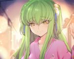  1girl blush c.c. code_geass creayus dress festival green_hair japanese_clothes kimono long_hair looking_at_viewer simple_background smile solo twitter_username yellow_eyes 