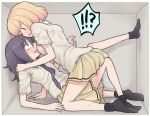  !!? 2girls bags_under_eyes black_hair black_legwear blonde_hair commentary_request cramped d: from_side girl_on_top hand_on_another&#039;s_shoulder kuroki_tomoko meis_(terameisu) multiple_girls necktie no_shoes open_mouth pleated_skirt profile purple_neckwear shirt short_hair short_sleeves single_stripe skirt socks sweat uchi_emiri watashi_ga_motenai_no_wa_dou_kangaetemo_omaera_ga_warui! wavy_mouth white_shirt |_| 