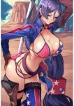  1girl 55level absurdres american_flag_bikini arm_up bangs belt bikini breasts brown_gloves cleavage collarbone cosplay desert fate/grand_order fate_(series) fingerless_gloves flag_print gloves hand_on_hip highres katana large_breasts long_hair minamoto_no_raikou_(fate/grand_order) miyamoto_musashi_(swimsuit_berserker)_(fate) miyamoto_musashi_(swimsuit_berserker)_(fate)_(cosplay) navel parted_bangs purple_eyes purple_hair shrug_(clothing) solo swimsuit sword thigh_strap thighhighs thighs very_long_hair weapon 