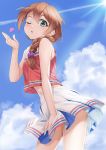  1girl baba_konomi bangs bare_arms bare_shoulders blue_sky blush braid brown_hair cloud commentary_request day eyebrows_visible_through_hair fingernails green_eyes hair_between_eyes hair_ornament hair_over_shoulder hair_scrunchie hand_up heart idolmaster idolmaster_million_live! idolmaster_million_live!_theater_days leaning_forward long_hair miri_(ago550421) navel one_eye_closed outdoors parted_lips pleated_skirt purple_scrunchie red_shirt scrunchie shirt signature single_braid skirt sky sleeveless sleeveless_shirt solo white_skirt 