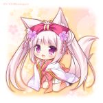  1girl :d animal_ear_fluff animal_ears bangs black_footwear blush bow chibi commentary_request eyebrows_visible_through_hair flower fox_ears fox_girl fox_tail full_body hair_bow hanairo_heptagram hands_up japanese_clothes kimono kneeling long_hair long_sleeves looking_at_viewer miyuri open_mouth paw_pose pink_hair purple_eyes purple_flower red_bow ryuuka_sane short_kimono sidelocks sleeves_past_wrists smile socks solo tail twintails twitter_username very_long_hair white_kimono white_legwear wide_sleeves zouri 