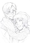  1boy 1girl age_difference cozmorangear glasses greyscale hat hetero highres lineart looking_at_another monochrome nicoletta_(ristorante_paradiso) old_man paradiso_santo_claudio parted_lips ristorante_paradiso santa_hat scarf shared_scarf short_hair standing traditional_media 