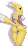  absurd_res anthro balls black_sclera blue_eyes bra breasts butt clothing digimon digimon_(species) fur gynomorph hi_res intersex looking_at_viewer nipples pewas renamon smile solo underwear wide_hips 