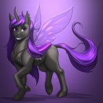  1:1 2019 arthropod changeling eyebrows eyelashes fan_character female feral hair hi_res hooves horn looking_at_viewer my_little_pony mykegreywolf purple_background purple_eyes purple_hair simple_background smile solo teeth wings 