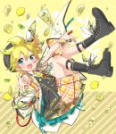  1boy bass_clef blonde_hair blue_eyes boots bow character_name commentary cup drink drinking_glass droplet epaulettes facial_tattoo falling food frilled_wrist_cuffs fringe_trim fruit hair_ornament hair_ribbon headband hekicha highres jacket kagamine_len leaf lemon light_blush looking_at_viewer male_focus mint open_mouth outstretched_arms pants plaid plaid_jacket plaid_pants plaid_wrist_cuffs ribbon short_hair shorts smile socks solo spiked_hair tattoo vocaloid wristband yellow_background 