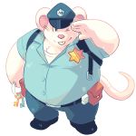  2015 anthro belly bottomwear clothing fur greenendorf hat headgear headwear humanoid_hands male mammal mappy mappy_(character) mouse murid murine one_eye_closed overweight overweight_male pants pink_nose police police_uniform rodent shirt solo topwear uniform video_games white_fur wink 
