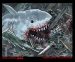  accessory black_eyes blood boat bodily_fluids bruce_the_shark bryanbaugh eating facial_art gore grey_hair grey_scales hair headband human imminent_death jaws_(film) mammal melee_weapon quint_(jaws) rope scales sword universal_studios vehicle vore weapon wood 