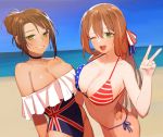  2girls american_flag american_flag_bikini bikini breasts brown_hair choker collarbone commentary_request flag_print girls_frontline green_eyes hair_between_eyes hair_ribbon hand_on_hip jewelry juz large_breasts lee-enfield_(girls_frontline) long_hair looking_at_viewer m1903_springfield_(girls_frontline) multiple_girls one-piece_swimsuit one_eye_closed open_mouth print_swimsuit ribbon ring side-tie_bikini swimsuit teeth union_jack v wedding_ring wife_and_wife yuri 