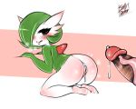  2019 5:4 blush bodily_fluids butt cum cum_inside disembodied_penis duo female gardevoir genital_fluids green_hair hair humanoid kneeling male nintendo penis pok&eacute;mon pok&eacute;mon_(species) red_eyes saltyxodium simple_background smile vein veiny_penis video_games 