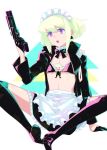  1boy apron blonde_hair bra c_kihara chest chibi crossdressing gloves green_hair gun half_gloves handgun jacket lio_fotia looking_at_viewer maid male_focus otoko_no_ko pistol promare purple_eyes simple_background skirt solo thighhighs underwear weapon 