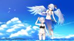 2girls :o angel angel_wings aoi_thomas arm_up bangs bare_arms bare_shoulders barefoot bikini bikini_under_clothes black_bikini blue_eyes blue_hair blue_sky blue_wings closed_mouth cloud collarbone commentary_request day eyebrows_visible_through_hair feathered_wings gradient gradient_hair gradient_wings hair_between_eyes hair_over_one_eye hair_ribbon hat hat_removed headwear_removed highres holding holding_hat horizon multicolored multicolored_hair multicolored_wings multiple_girls ocean open_clothes open_fly open_shorts original outdoors parted_lips red_eyes red_ribbon ribbon see-through short_shorts shorts silver_hair sky smile standing sun_hat swimsuit twintails wading water white_bikini_top white_headwear white_shorts white_wings wings 