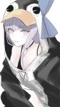  1girl :p animal_costume animal_hood blue_eyes bra_strap collarbone eyebrows_visible_through_hair fate/extra fate/extra_ccc fate/grand_order fate_(series) hair_ribbon highres hood hood_up hoodie ka1se1 long_hair looking_at_viewer meltryllis oversized_clothes penguin_costume purple_hair ribbon simple_background solo tongue tongue_out white_background 