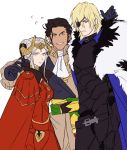  1girl 2boys armor black_gloves blonde_hair blue_cape blue_eyes brown_hair cape claude_von_regan closed_mouth dark_skin dark_skinned_male dimitri_alexandre_bladud double_bun dress edelgard_von_hresvelg eyepatch fire_emblem fire_emblem:_three_houses flying_sweatdrops gloves green_eyes horned_headwear hover_hand lavender_eyes looking_at_viewer mullet multiple_boys nervous_smile older red_cape red_dress sandwiched sideburns sidelocks silver_hair simple_background sketch sweatdrop white_background yarr 