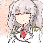  1girl bangs beret breasts buttons closed_mouth collared_shirt commentary crying crying_with_eyes_open double-breasted epaulettes eyebrows_visible_through_hair grey_hair grey_shirt hair_between_eyes hair_over_shoulder half-closed_eyes hat kantai_collection kashima_(kantai_collection) military military_jacket military_uniform red_neckwear ro_(aahnn) shirt sidelocks silver_hair simple_background solo tears translated twintails uniform upper_body wavy_hair white_background 