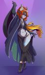  2019 alternate_form breasts cleavage clothed clothing cute_fangs female fusion gradient_background hair headdress hi_res humanoid humanoid_pointy_ears jewelry long_hair midna midna_(true_form) midriff navel necklace nintendo not_furry orange_hair plagueofgripes purple_background red_eyes redesign simple_background smile solo standing the_legend_of_zelda twili twilight_princess v-cut video_games yellow_sclera 