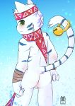  2017 absurd_res accessory anthro arm_wraps backsack balls bell bellz_(character) black_nose blue_background blue_fur butt claws cubboard felid frown fur fur_markings green_eyes headband hi_res kemono looking_at_viewer looking_back male mammal markings mostly_nude multicolored_fur pantherine rear_view scarf simple_background solo stripes tiger two_tone_fur watermark white_fur wraps 
