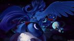  16:9 2019 blue_feathers bra butt clothing cutie_mark digital_media_(artwork) discordthege earth equid fangs feathered_wings feathers female friendship_is_magic hi_res holding_object horn legwear macro mammal mirror moon my_little_pony panties princess_luna_(mlp) reflection solo space thong underwear wallpaper winged_unicorn wings 
