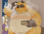  2019 anthro bathing belly blush brown_fur canid canine duo eyes_closed fox fur humanoid_hands hyaku1063 male mammal moobs overweight overweight_male raccoon_dog tanuki towel 