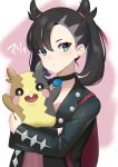  1girl black_choker black_hair black_jacket blue_eyes carrying choker closed_mouth collarbone dress expressionless highres jacket long_hair long_sleeves looking_at_viewer mary_(pokemon) mizuki_eiru_(akagi_kurage) morpeko pink_dress pokemon pokemon_(creature) pokemon_(game) pokemon_swsh twintails two-tone_background upper_body 