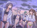  404_(girls_frontline) 4girls bangs beach bikini blue_hair blunt_bangs blush breasts brown_hair cleavage cloud collarbone curry_soba evening facial_mark facial_scar g11_(girls_frontline) girls_frontline grey_hair hair_ornament hair_over_eyes hat hk416_(girls_frontline) innertube jacket lips long_hair moon multiple_girls navel ocean open_clothes open_jacket open_shirt outdoors pocket scar scar_across_eye shirt shorts sky standing sun_hat sunglasses swimsuit swimsuit_under_clothes tied_shirt ump45_(girls_frontline) ump9_(girls_frontline) water 