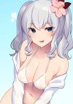  1girl :d bare_shoulders bikini blue_eyes breasts cleavage collarbone flower hair_flower hair_ornament highres kantai_collection kashima_(kantai_collection) large_breasts long_hair looking_at_viewer mizuki_eiru_(akagi_kurage) navel off_shoulder open_clothes open_mouth open_shirt pink_flower shirt silver_hair smile solo swimsuit upper_body white_bikini white_shirt 