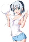  1girl :d bangs bare_arms bare_shoulders black_hairband black_ribbon blue_shorts blush breasts commentary_request cowboy_shot eyebrows_visible_through_hair fangs green_eyes hair_between_eyes hair_ribbon hairband hands_up highres hitodama konpaku_youmu konpaku_youmu_(ghost) looking_at_viewer medium_breasts nori_tamago open_mouth pulled_by_self ribbon short_hair short_shorts shorts sidelocks silver_hair simple_background smile solo standing strap_pull tank_top touhou white_background white_tank_top 