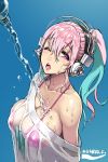  1girl bikini bottle breasts cleavage headphones highres large_breasts long_hair nitroplus one_eye_closed pink_eyes pink_hair ponytail pouring see-through shirt solo super_sonico sweatdrop swimsuit tsuji_santa water wet wet_clothes wet_shirt 