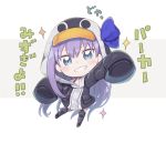  1girl animal_costume animal_hood blue_eyes bra_strap chibi choker fate/extra fate/extra_ccc fate/grand_order fate_(series) grin hair_ribbon hood hood_up hoodie long_hair meltryllis oversized_clothes penguin_costume purple_hair ribbon simple_background sleeves_past_wrists smile solo sparkle thighhighs totatokeke very_long_hair zettai_ryouiki 