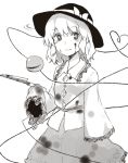  1girl bangs blood blood_on_face bloody_clothes bow commentary_request cowboy_shot eyebrows_visible_through_hair floral_print frilled_shirt_collar frilled_sleeves frills greyscale hat hat_bow heart heart_of_string holding holding_knife holding_weapon knife komeiji_koishi long_sleeves looking_at_viewer miyo_(ranthath) monochrome shirt short_hair simple_background skirt sleeves_past_fingers sleeves_past_wrists smile solo standing third_eye touhou weapon white_background wide_sleeves 