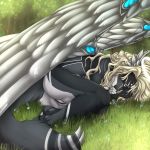  1:1 2019 anthro black_fur black_pussy blonde_hair canid canine day detailed_background eyes_closed female fur grass hair halo hi_res lying mammal mechanical_wings nude on_side outside pussy sleeping solo sunnyowi 