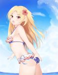  1girl :d absurdres american_flag_bikini ass azur_lane bangs bare_arms bare_shoulders bikini blonde_hair blue_bikini blue_sky blush breasts cleveland_(azur_lane) cloud collarbone day eyebrows_visible_through_hair flag_print flower forehead hair_flower hair_ornament hibiscus highres horizon leaning_forward long_hair one_side_up open_mouth outdoors parted_bangs print_bikini red_eyes red_flower roido_(taniko-t-1218) side-tie_bikini sky small_breasts smile solo star star_print swimsuit v-shaped_eyebrows very_long_hair water 