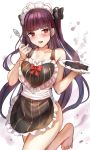  1girl :d apron bangs bare_shoulders black_bow blush bow breasts burnt_food collarbone cowboy_shot eyebrows_visible_through_hair girls_frontline hair_bow headdress heart holding holding_spoon holding_tray large_breasts leg_up long_hair looking_at_viewer naked_apron open_mouth purple_hair qian_wu_atai red_eyes sidelocks smile smoke solo spoon sweatdrop tray very_long_hair wa2000_(girls_frontline) 