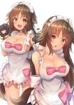  1girl :d animal_ears apron bangs bare_shoulders blush breasts brown_hair cleavage commentary dark_skin eyebrows_visible_through_hair fang gloves hand_up highres hiromaster_sinta_jh kyan_kaori large_breasts long_hair looking_at_viewer multiple_views open_mouth paws princess_connect! princess_connect!_re:dive signature simple_background smile tail very_long_hair white_background 