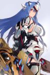  1girl android bare_shoulders blue_hair breasts elbow_gloves expressionless forehead_protector gloves highres kos-mos kos-mos_re: leotard long_hair looking_at_viewer mono_(jdaj) red_eyes solo standing thighhighs very_long_hair white_leotard xenoblade_(series) xenoblade_2 xenosaga 