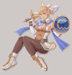  1girl belt belt_buckle blonde_hair blue_scarf breasts brown_legwear buckle cassandra_alexandra cleavage_cutout commentary_request elbow_gloves gloves hair_ribbon highres panties panties_under_pantyhose pantyhose popo_agaga ribbon scarf shield sideboob skirt solo soulcalibur soulcalibur_vi sword underwear weapon 