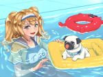  1girl bangs breasts bulldog commentary_request enemy_lifebuoy_(kantai_collection) floating hairband i-26_(kantai_collection) inflatable_raft jacket kantai_collection large_breasts light_brown_eyes light_brown_hair long_hair one-piece_swimsuit pool sailor_collar school_swimsuit shingyo standing sunglasses swimsuit two-tone_hairband two_side_up 