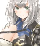  1girl armor bangs black_armor blue_collar blush breastplate breasts buttons cleavage cleavage_cutout closed_mouth collar eyebrows_visible_through_hair gold_trim green_eyes hololive kashiwa_010419 large_breasts looking_at_viewer medium_hair mole mole_on_breast shirogane_noel shoulder_armor smile solo strap upper_body virtual_youtuber white_background white_hair 