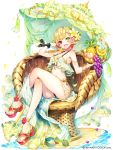  banana bangle bikini bracelet braid breasts cleavage company_name crossed_legs dated earrings fang flower food fruit full_body grapes green_eyes green_umbrella hair_flower hair_ornament heterochromia holding holding_food holding_fruit jewelry looking_at_viewer medium_breasts navel official_art open_mouth parasol peach pineapple red_eyes renta_(deja-vu) sand shironeko_project short_hair simple_background sitting swimsuit umbrella water white_background wicker_furniture 