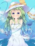  1girl alternate_costume alternate_headwear arms_behind_back bare_shoulders blue_sky blush breasts cloud collarbone commentary_request cowboy_shot day dress eyebrows_visible_through_hair fant green_eyes green_hair hat hat_ribbon heart heart_of_string highres jewelry komeiji_koishi long_hair looking_at_viewer messy_hair necklace outdoors pendant ribbon sky sleeveless sleeveless_dress small_breasts smile solo standing sundress third_eye touhou very_long_hair white_dress 