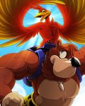  2015 anthro avian banjo-kazooie banjo_(banjo-kazooie) beak belt bird black_nose blue_eyes breegull brown_bear brown_fur clothing duo feathers flying fur green_eyes hi_res jewelry kazooie male mammal nastacula necklace nintendo rareware ursid ursine video_games 