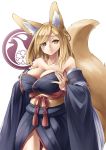  1girl animal_ear_fluff animal_ears bangs bare_shoulders blonde_hair breasts cleavage collarbone detached_sleeves facing_viewer fox_ears fox_tail hands_on_own_chest highres japanese_clothes kazuki_seihou large_breasts long_hair obi off_shoulder original sash smile solo swept_bangs tail touka_(kazuki_seihou) 